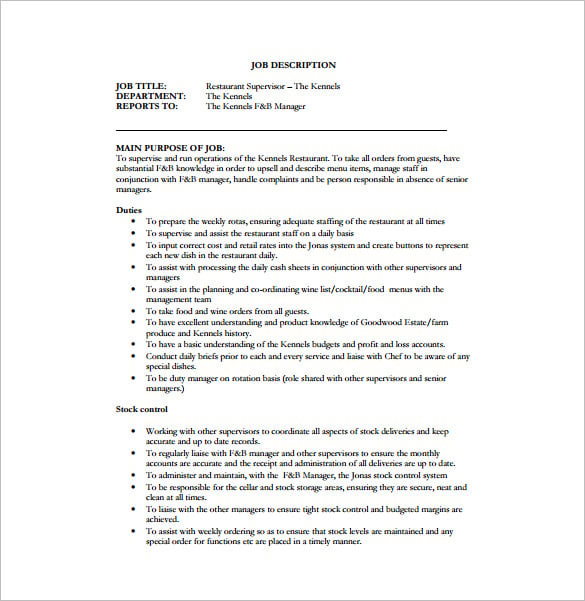 jobs and responsibilities of restaurant supervisor