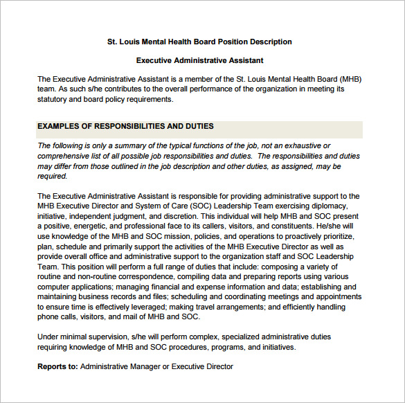 executive administrative assistant job description free pdf template