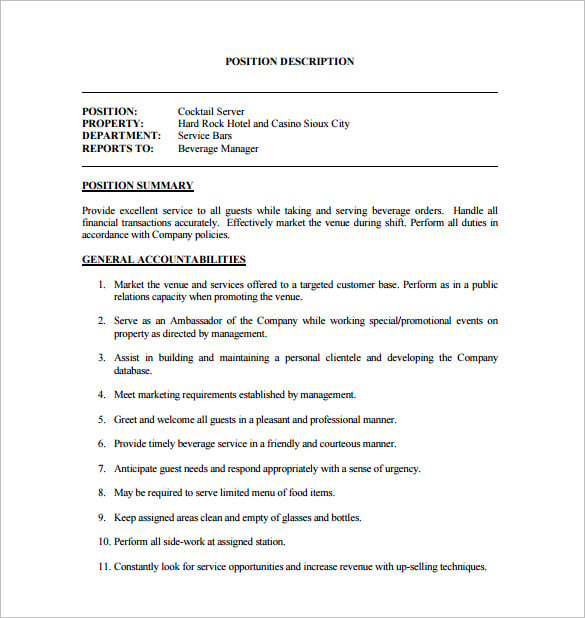 cocktail server job description free pdf template