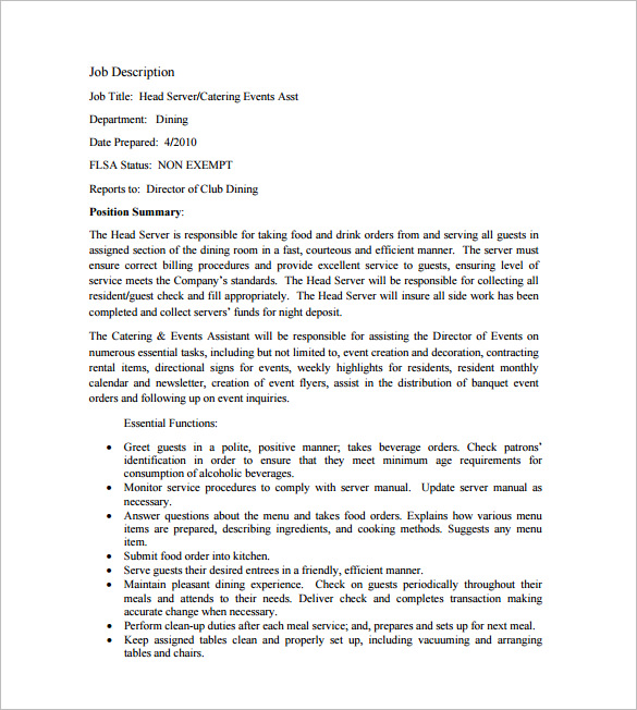12+ Server Job Description Templates Free Sample, Example, Format