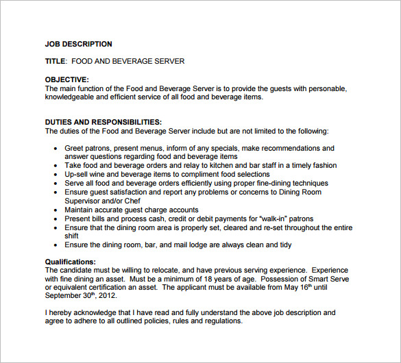 food and beverage server job description free pdf template