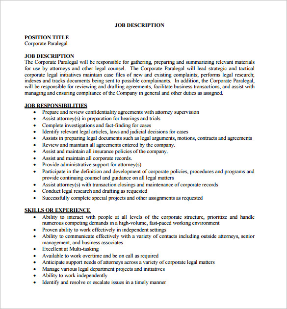 Paralegal Job Description Template 9 Free Word PDF Format Download 