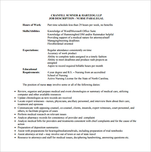free nurse paralegal job description pdf download