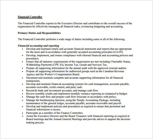 financial controller job description free pdf template