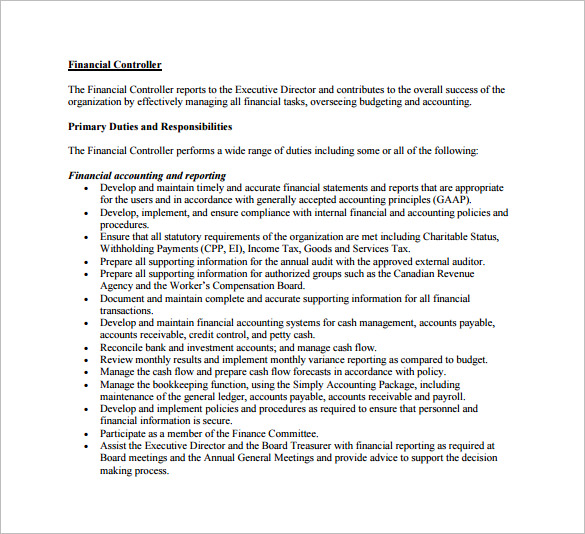 Financial Controller Job Description Pdf