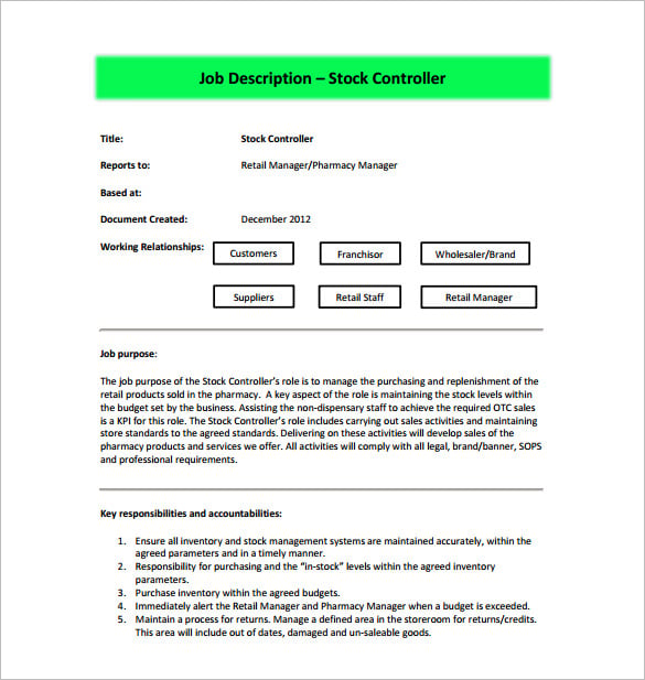 free stock controller job description pdf download