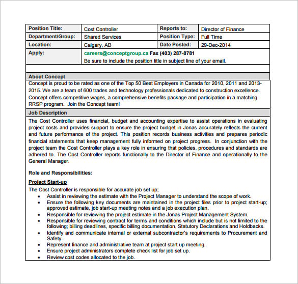 cost controller job description pdf free download