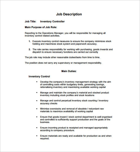 free invnetory controller job description pdf template