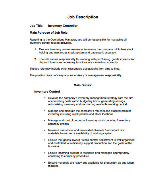 free invnetory controller job description pdf template