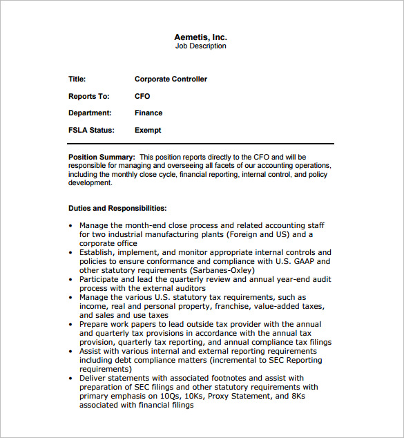 Controller Job Description Template 10 Free Word PDF Format Download   Corporate Controller Job Description Free PDF Download 