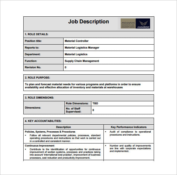 material controller job description free pdf template