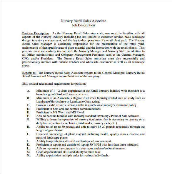 nursery retail sales associate job description free pdf template