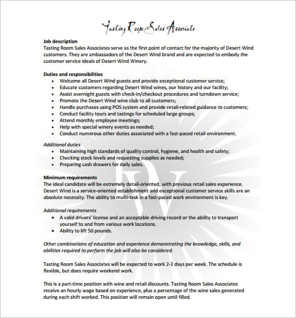 tasting room sales associate job description free pdf