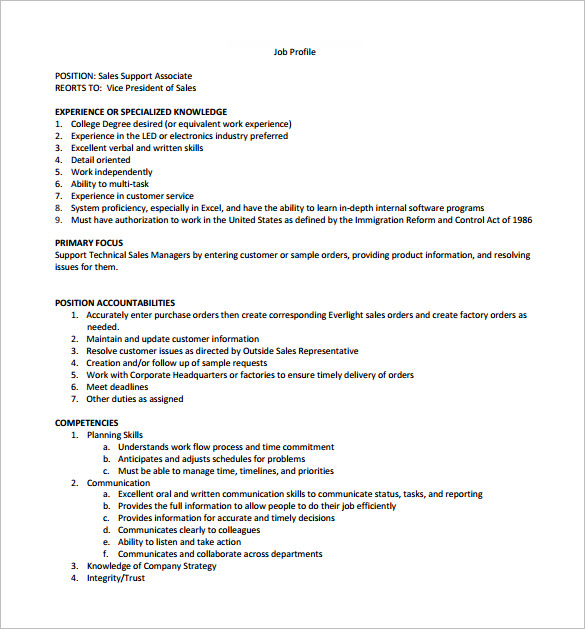 free sales support assosiate job description pdf template