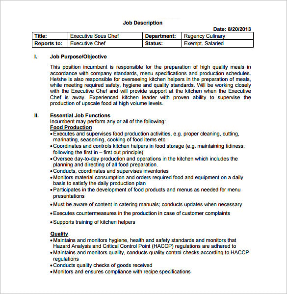 executive sous chef job description free pdf template
