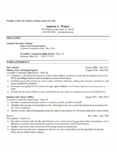 college student part time job resume template
