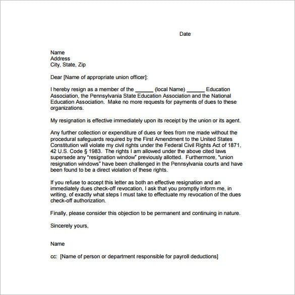 resignation letter from organization