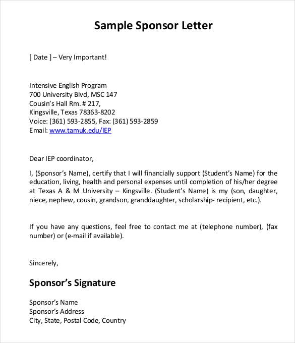 example of a sponsor letter