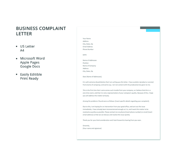 free business complaint letter template