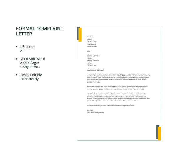 free formal complaint letter template