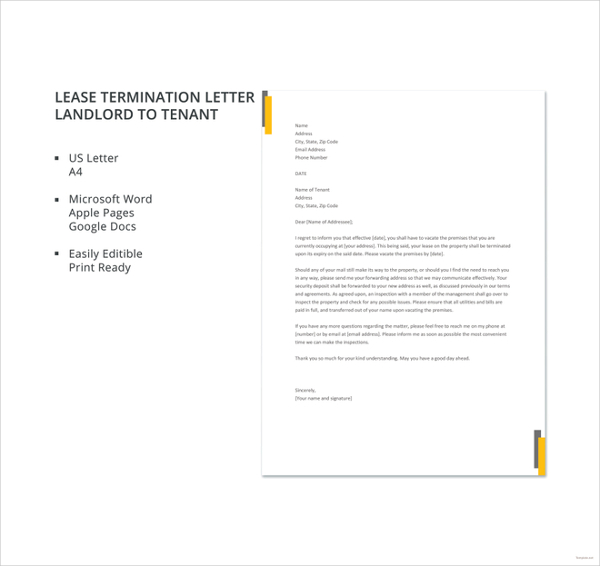 free lease termination letter template landlord to tenant