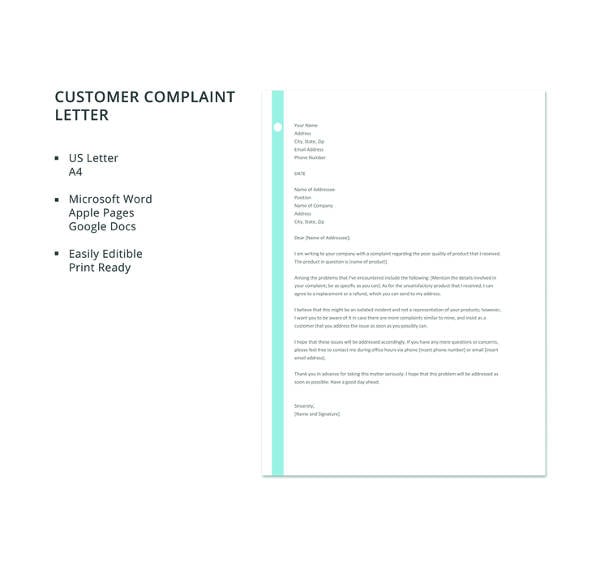 free letter of customer complaint template