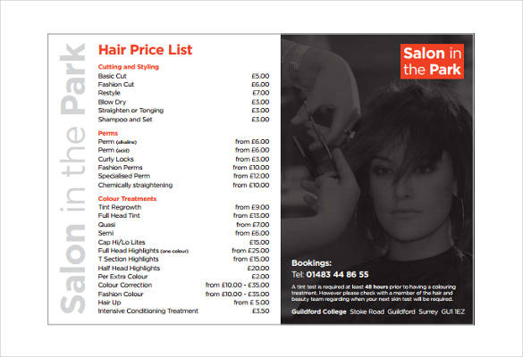 hairdressing price list template