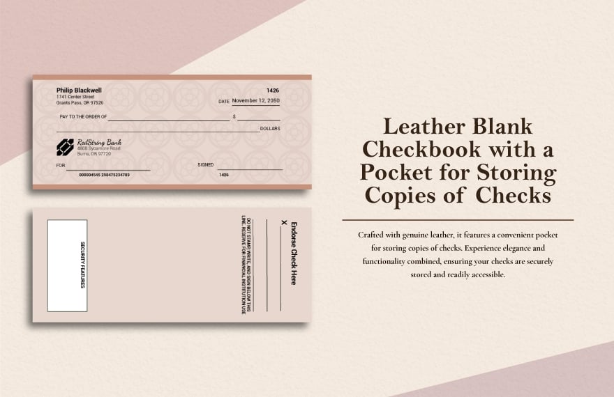 leather blank checkbook with a pocket for storing copies of checks
