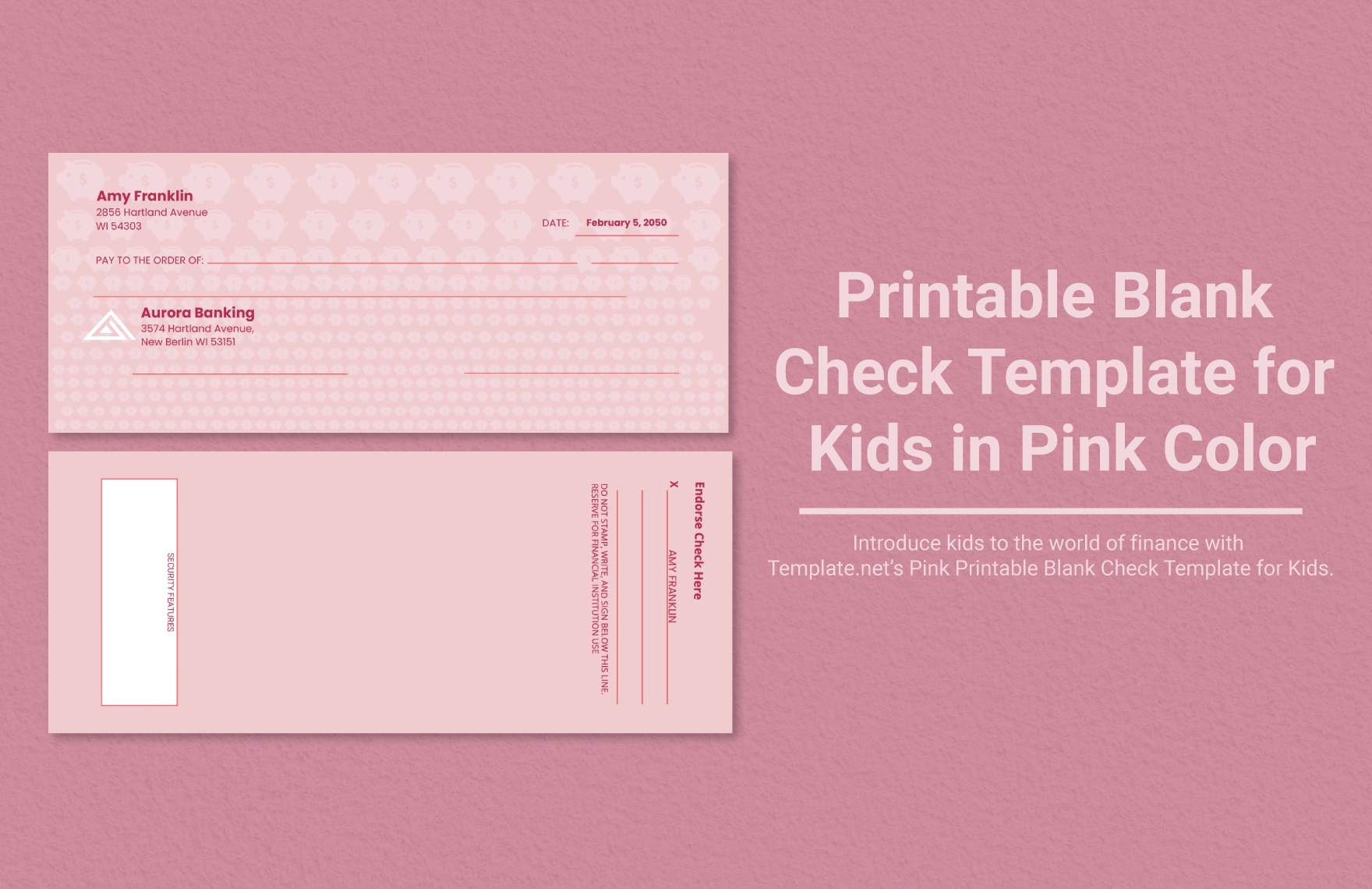 printable blank check template for kids in pink color