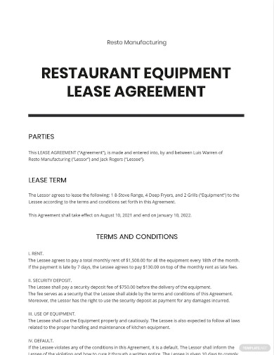 restaurant equipment lease agreement template