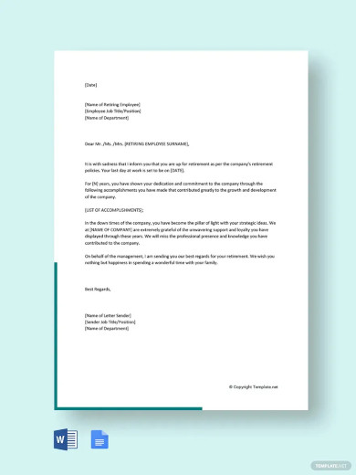 retirement letter to employee from employer template