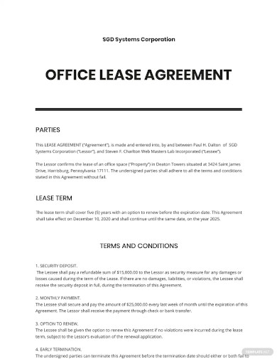 sample office lease agreement template