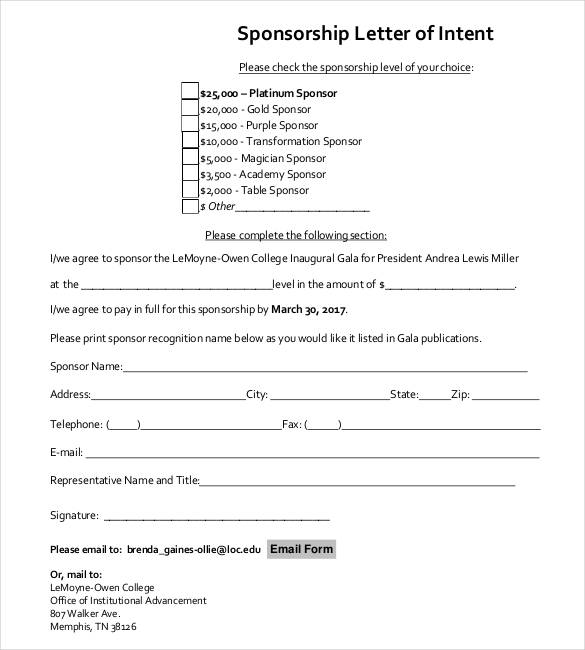 sponsorship letter of intent