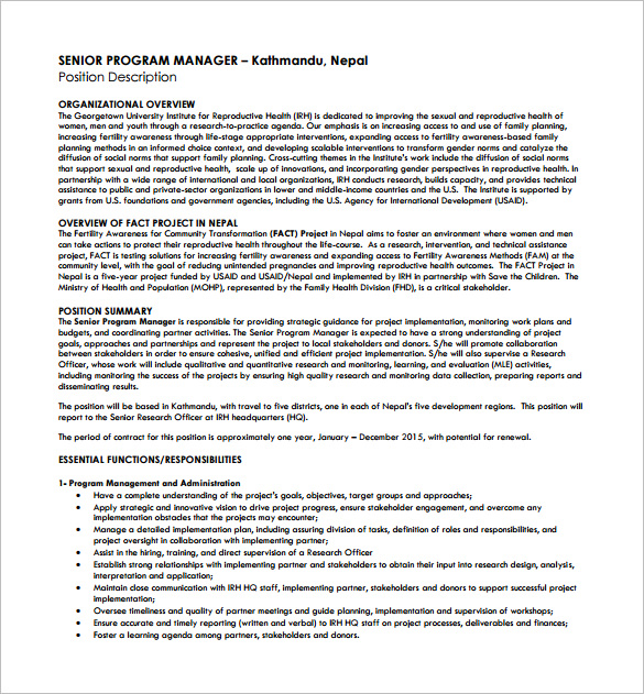 Senior Manager Job Description Pdf - Program Manager Job Description