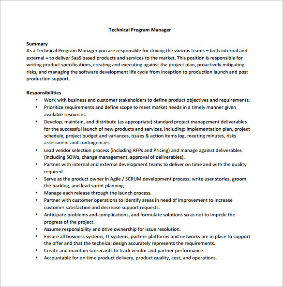 Technical Project Manager Job Description Sample HQ Printable Documents   Technical Program Manager Job Description PDF Free Download 