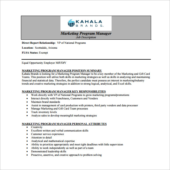 free marketing program manager job description pdf download