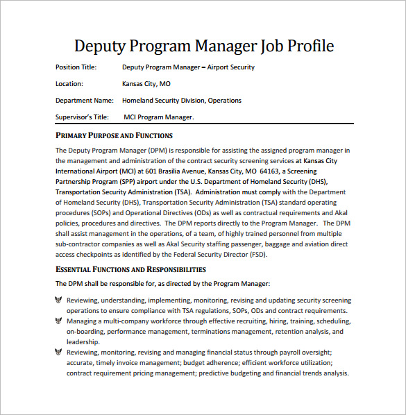 deputy program manager job description free pdf download