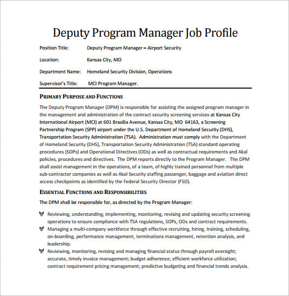 Program Manager Job Description Template 10 Free Word PDF Format 