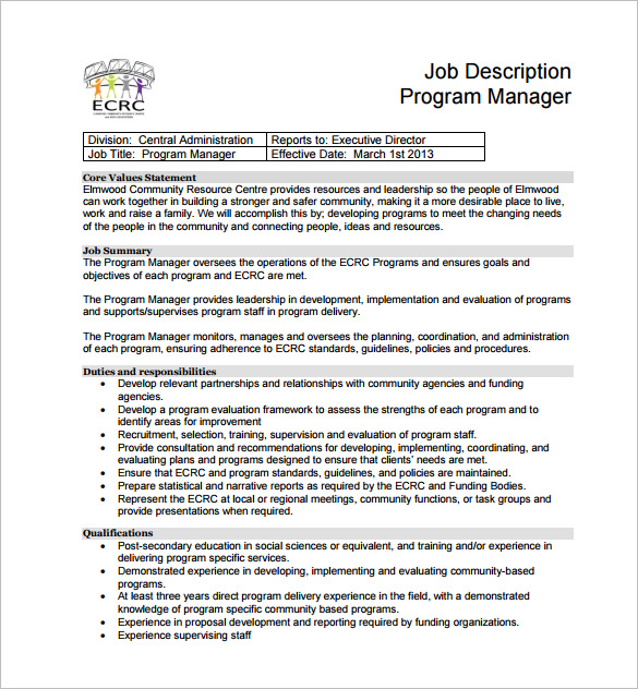 hr program manager job description pdf free download