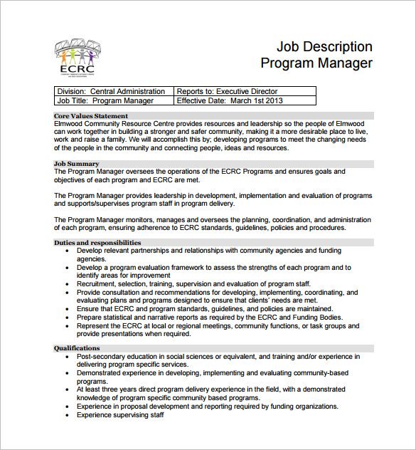 11+ Program Manager Job Description Templates Free Sample, Example