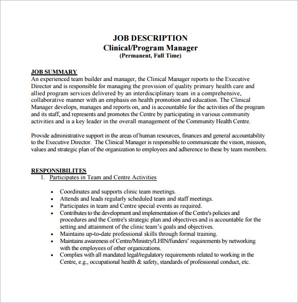 free clinical program manager job description pdf template