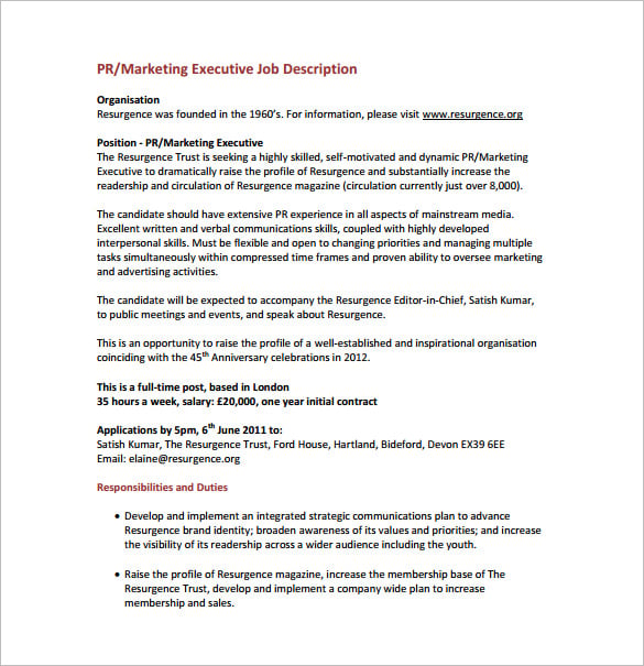 public relation marketing executive job description free pdf