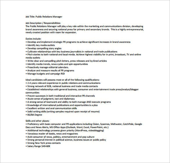 public relation manager job description free pdf template