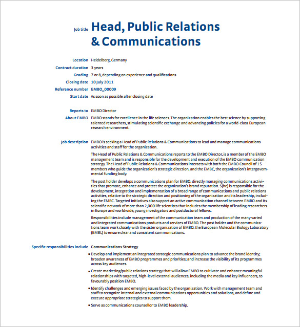 Public Relations Officer Duties The Cover Letter For Teacher   Head Public Relations Communications Job Description Free PDF 