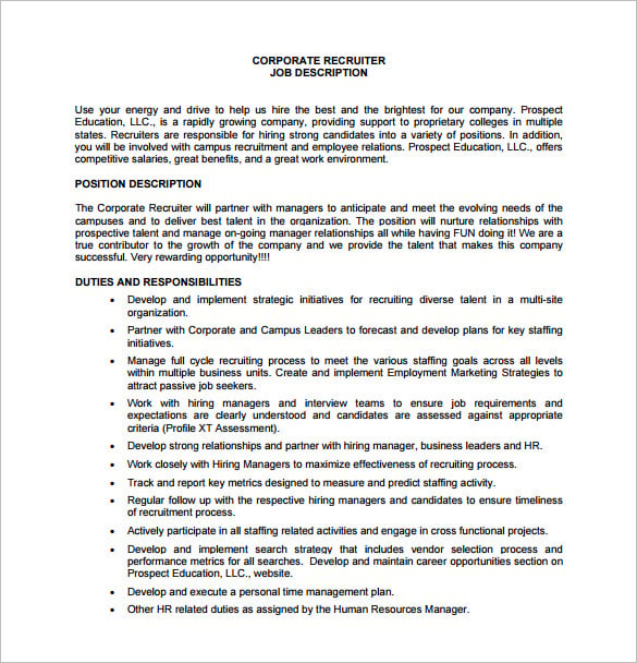 corporate recruiter job description free pdf template