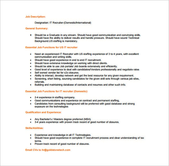 free it recruiter job description pdf download