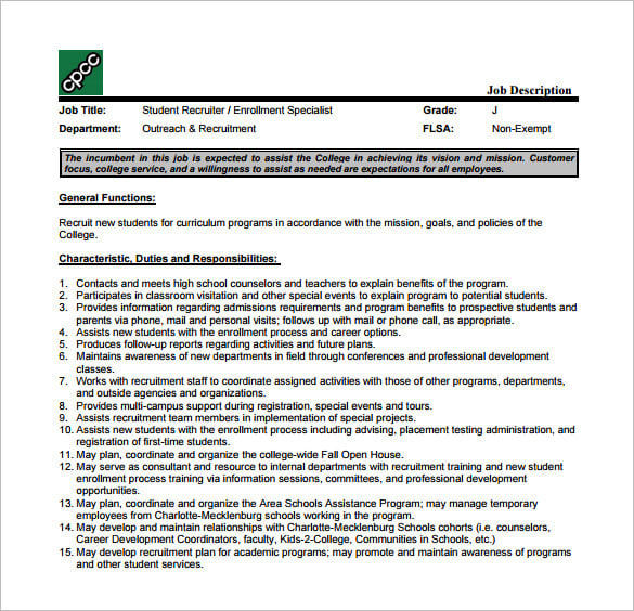 student recruiter job description free pdf download