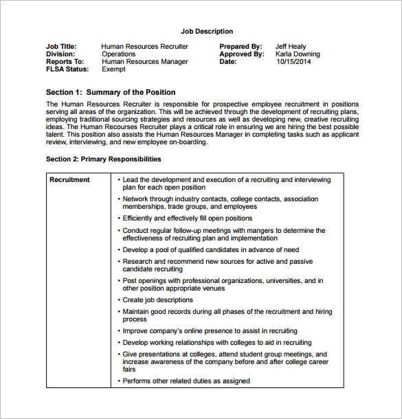 free hr recruiter job description pdf template