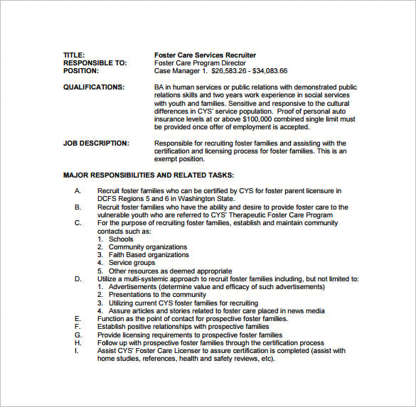 foster care services recruiter job description free pdf download