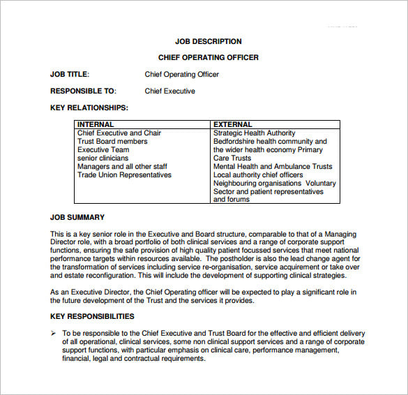 hospital chief operation officer job description free pdf template